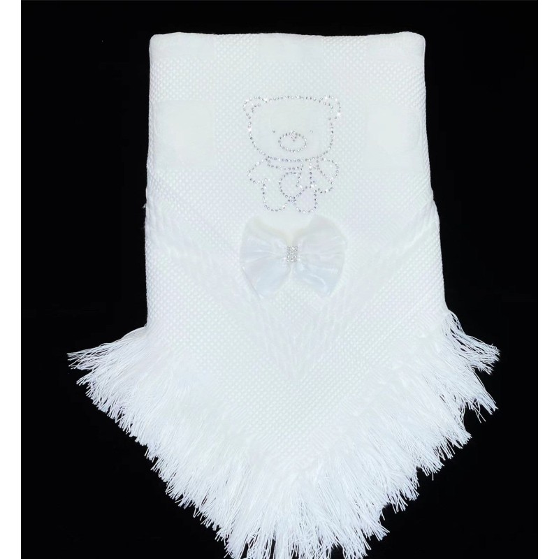 Baby White Soft Shawl with Diamante Pattern Detached Bow "White Teddy"