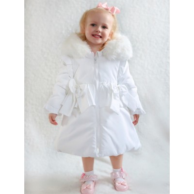 *CLEARANCE* Baby Girl White Bow Puffer Coat with Faux Fur Hood "MYD417W"