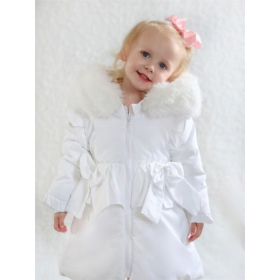 *CLEARANCE* Baby Girl White Bow Puffer Coat with Faux Fur Hood "MYD417W"