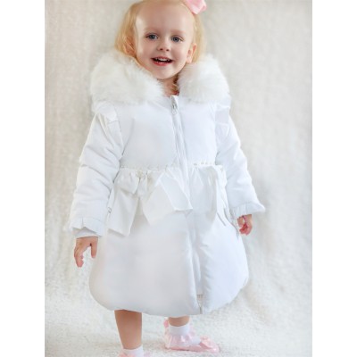 *CLEARANCE* Baby Girl White Bow Puffer Coat with Faux Fur Hood "MYD417W"