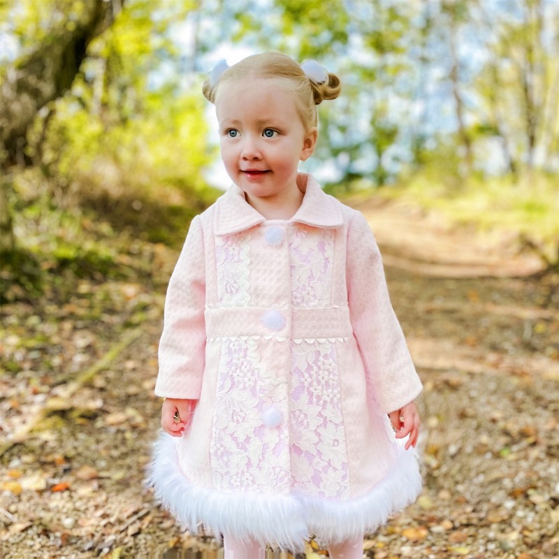 Baby Girl Pink Wool Coat with Fur Trim Fur Coat White