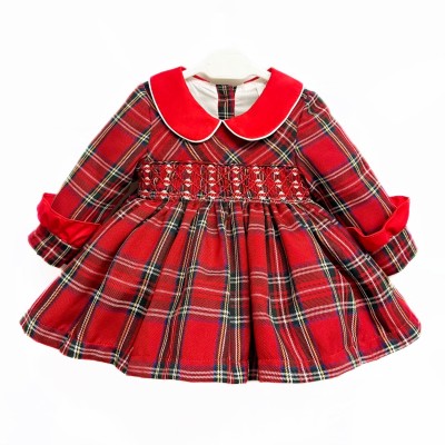 *Clearance* Baby Girl Red Tartan Hand Smocked Dress with Knickers "2372"