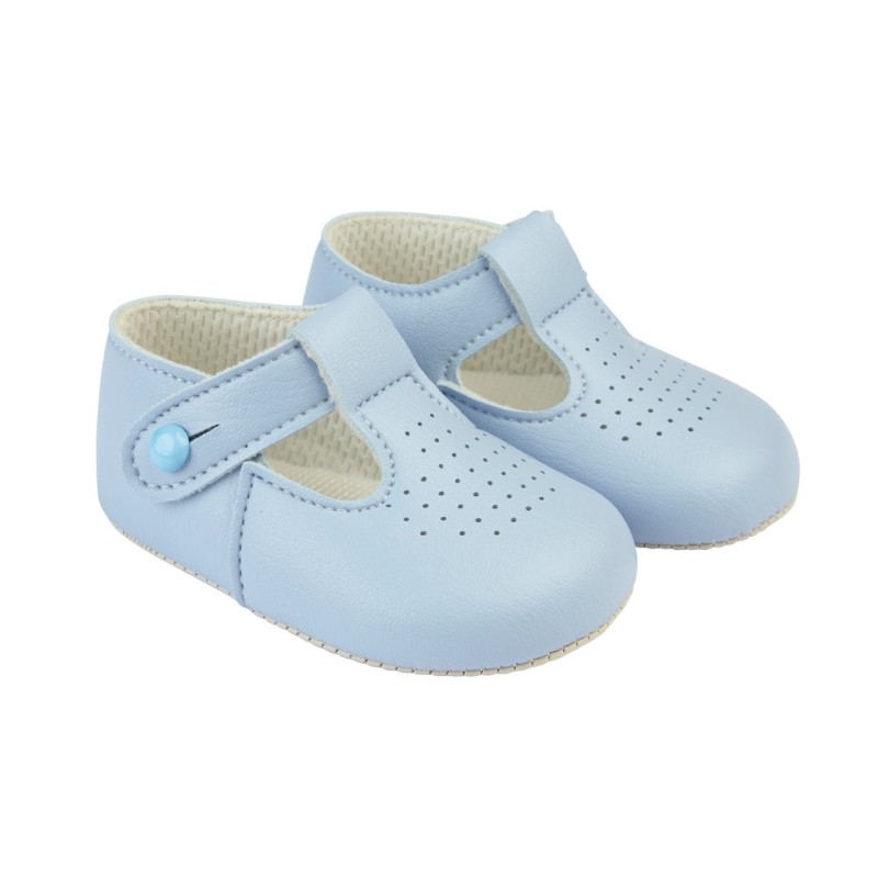 Blue Matt T-Bar & Punch Detail Pram Shoes