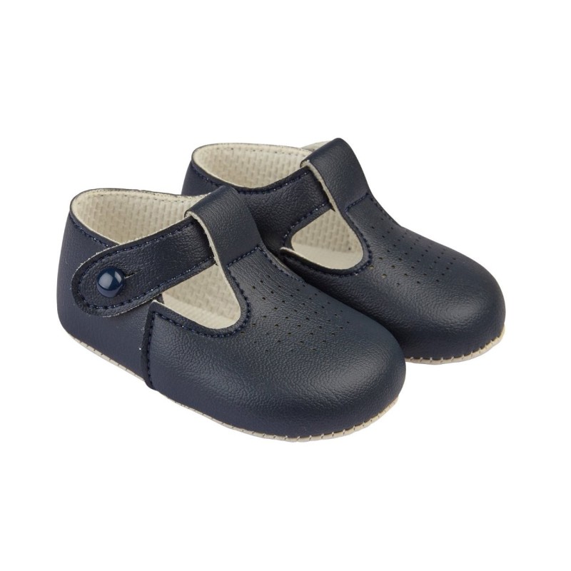 Navy Matt T-Bar & Punch Detail Pram Shoes