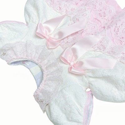 *Clearance* White with Pink Lace Puff Dress with Bow "2409 Wp"