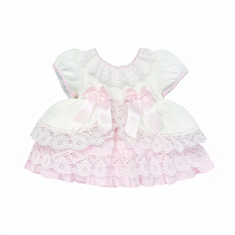*Clearance* White with Pink Lace Puff Dress with Bow "2409 Wp"