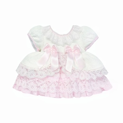 *Clearance* White with Pink Lace Puff Dress with Bow "2409 Wp"
