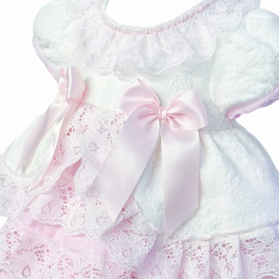 *Clearance* White with Pink Lace Puff Dress with Bow "2409 Wp"