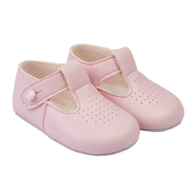 Pink Matt T-Bar & Punch Detail Pram Shoes