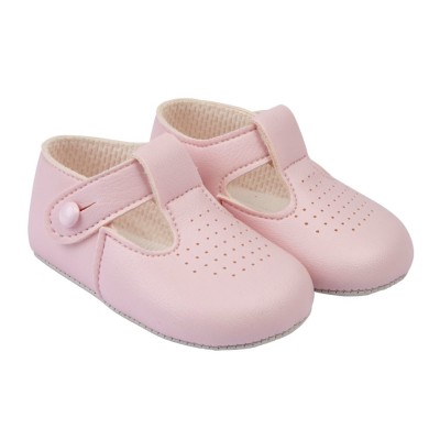Pink Matt T-Bar & Punch Detail Pram Shoes