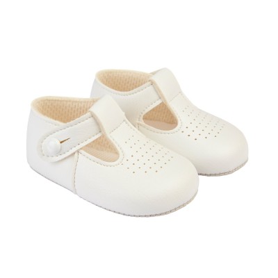 White Matt T-Bar & Punch Detail Pram Shoes