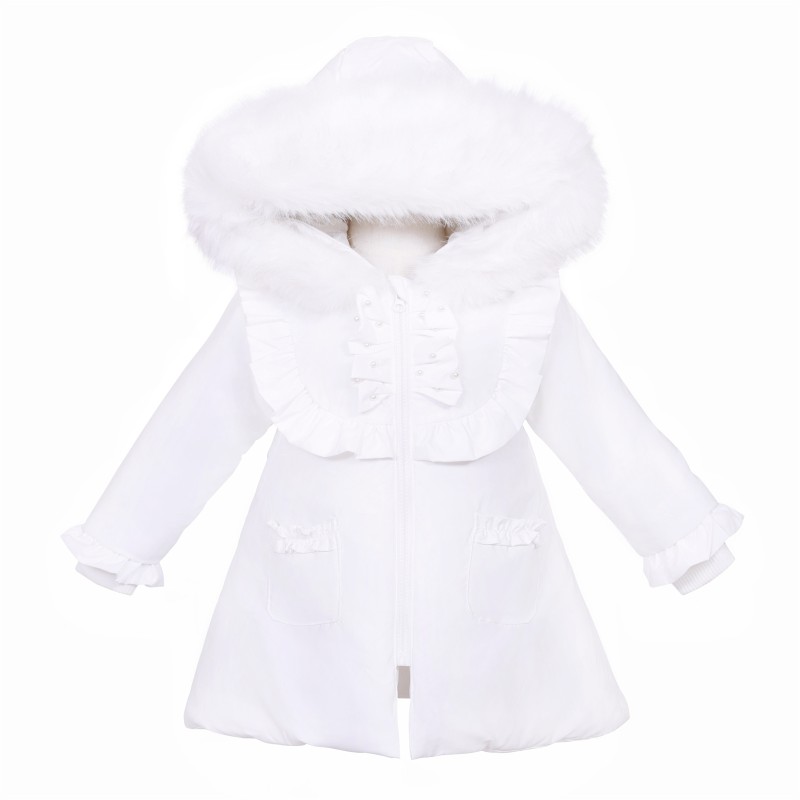 *Clearance* Baby Girl White Puffer Coat with Faux Fur Hood "MYD411W"