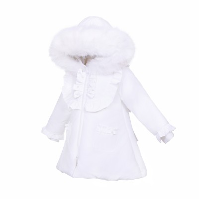*Clearance* Baby Girl White Puffer Coat with Faux Fur Hood "MYD411W"