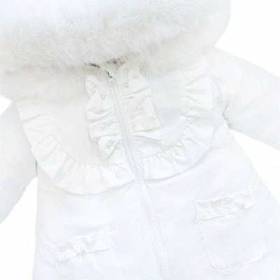 *Clearance* Baby Girl White Puffer Coat with Faux Fur Hood "MYD411W"