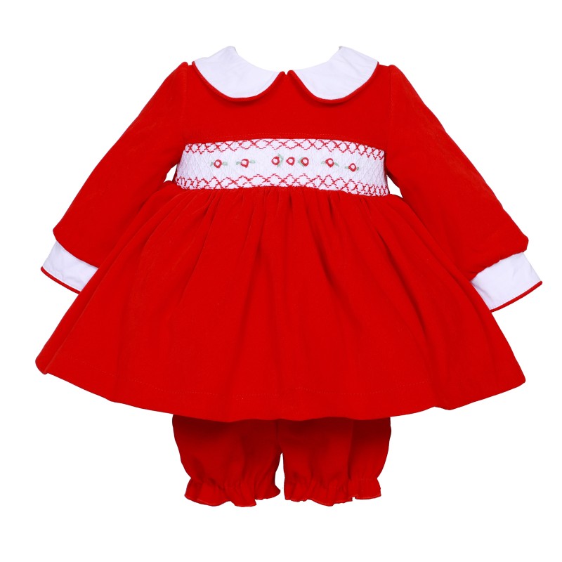 *Clearance* Baby Girl Red Velvet Smocked Dress with Knickers "2421"