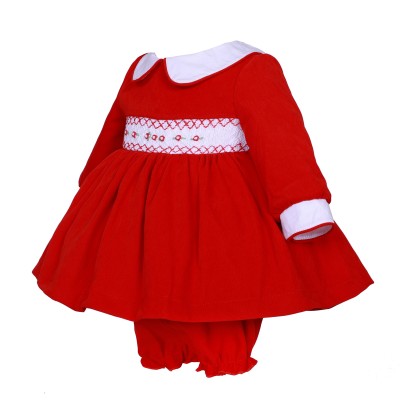 *Clearance* Baby Girl Red Velvet Smocked Dress with Knickers "2421"