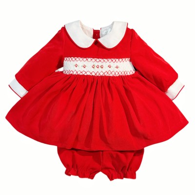 *Clearance* Baby Girl Red Velvet Smocked Dress with Knickers "2421"