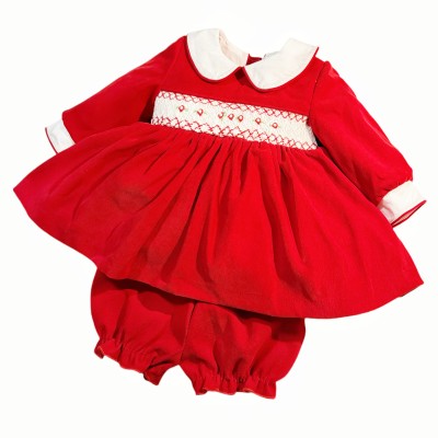 *Clearance* Baby Girl Red Velvet Smocked Dress with Knickers "2421"