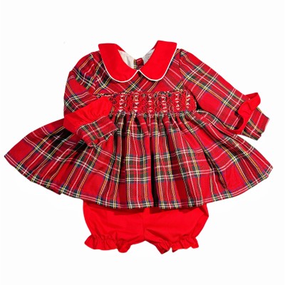 *Clearance* Baby Girl Red Tartan Hand Smocked Dress with Knickers "2372"