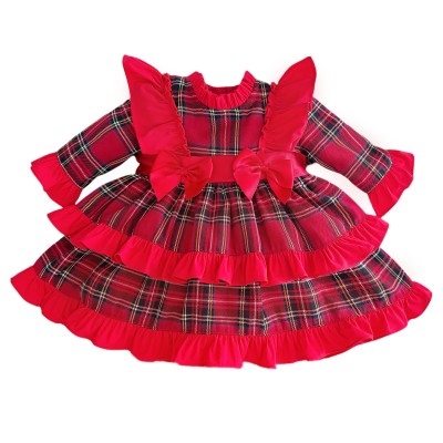 *Clearance* Baby Girl Red Tartan Frilly Shoulder Puff Ball Dress "2423"