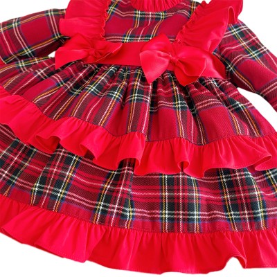 *Clearance* Baby Girl Red Tartan Frilly Shoulder Puff Ball Dress "2423"