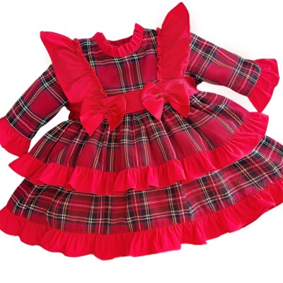 *Clearance* Baby Girl Red Tartan Frilly Shoulder Puff Ball Dress "2423"