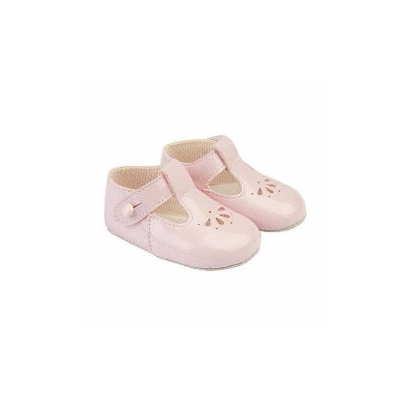 Pink Patent T-Bar Pram Shoes with Holes
