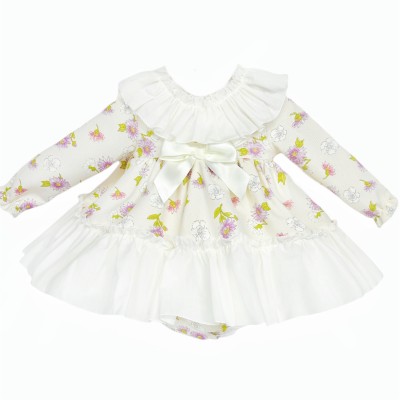*Clearance* Baby Girl Cream Floral Big Collar Dress with Pants "MYDB2478"