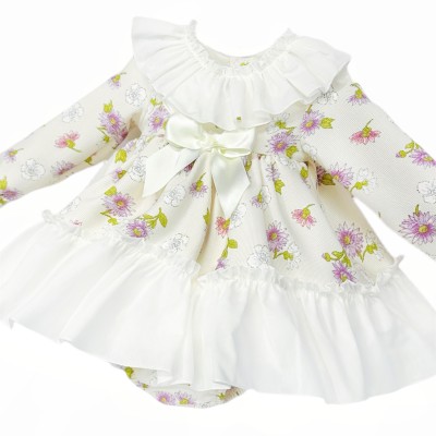 *Clearance* Baby Girl Cream Floral Big Collar Dress with Pants "MYDB2478"