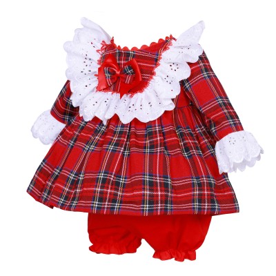 *Clearance* Baby Girl Red Tartan Puff Dress Big Collar with Knickers "2422"