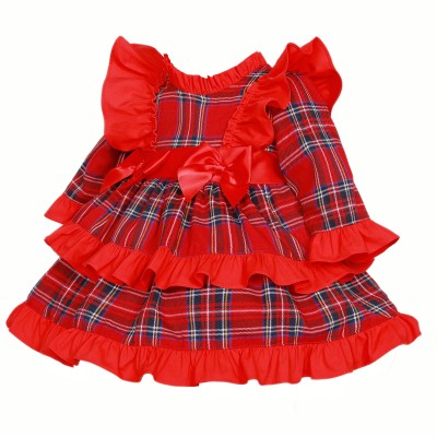 *Clearance* Baby Girl Red Tartan Frilly Shoulder Puff Ball Dress "2423"