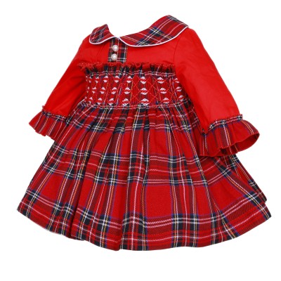 *Clearance* Baby Girl Red Tartan Hand Smocked Pearl Dress "2427"