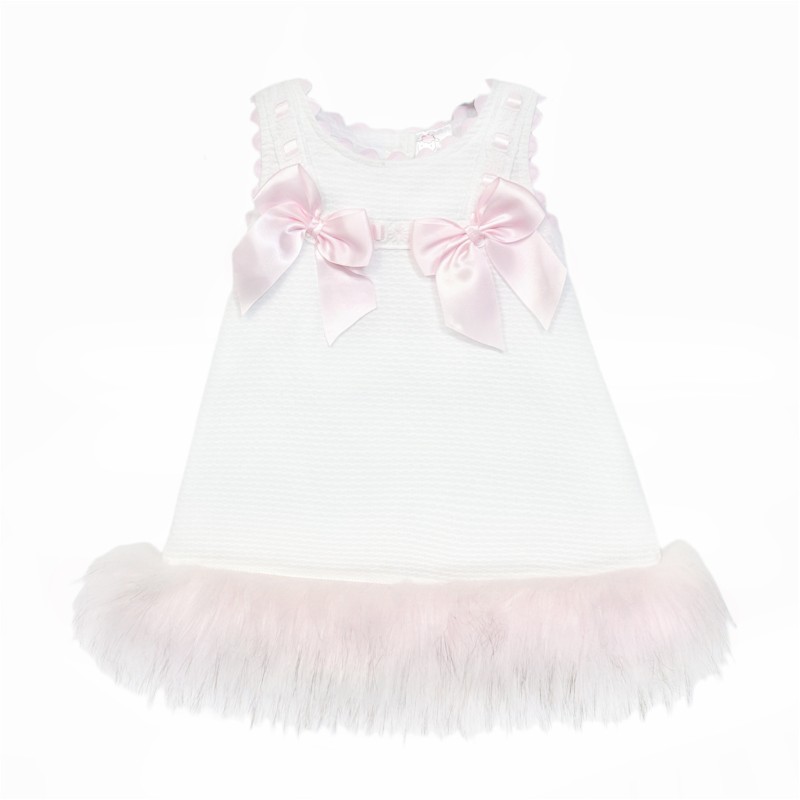 Baby Girl White Waffle Dress with Fur Bottom "8612WP"