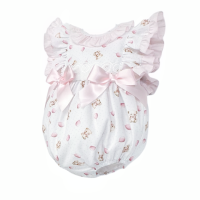 Baby Girl Pink Teddy Print Frilly Shoulder Romper "MYD25028"
