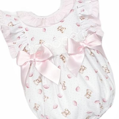 Baby Girl Pink Teddy Print Frilly Shoulder Romper "MYD25028"