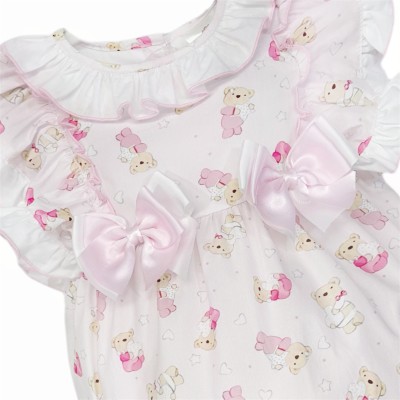 Baby Girl Pink Teddy Print Frilly Shoulder Romper "2515"
