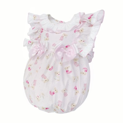 Baby Girl Pink Teddy Print Frilly Shoulder Romper "2515"