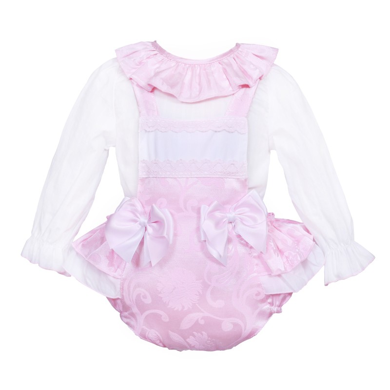 *Clearance* Baby Girl Pink Jacquard Frilly Back Romper with Shirt "2416"