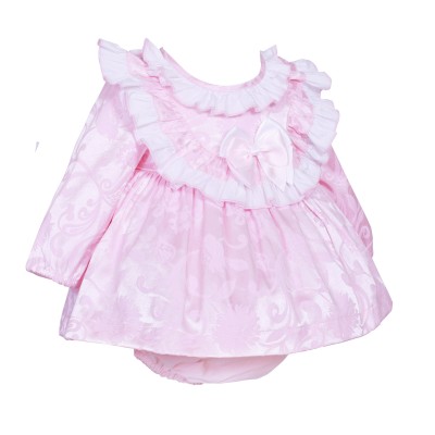 *Clearance* Baby Girl Pink Jacquard Frilly Collar Dress with Pants "2415"