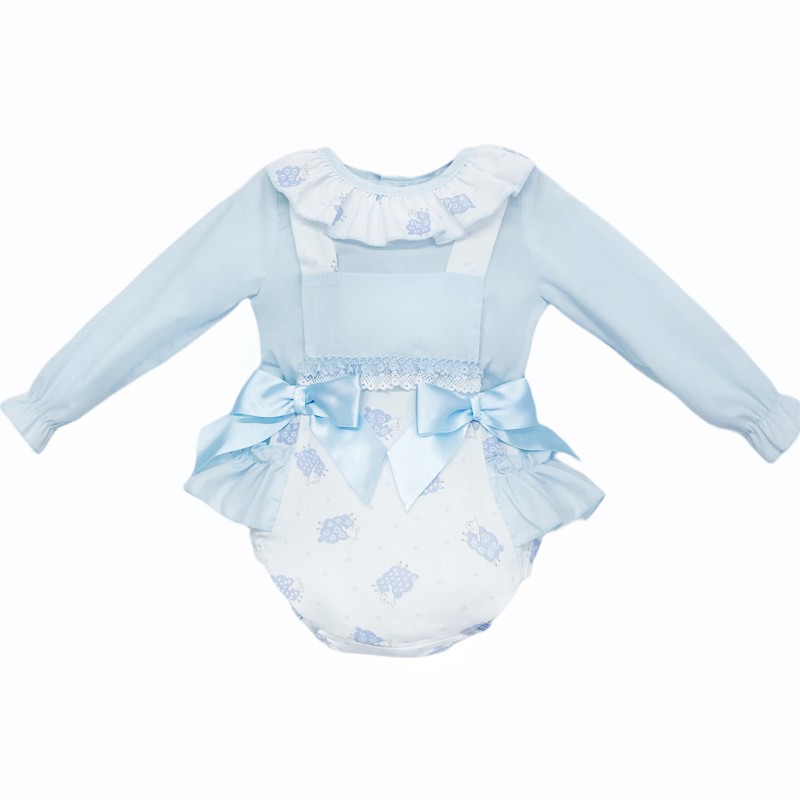 Baby Girl White Blue Sheepy Frilly Bottom Romper with Shirt "MYD25235"