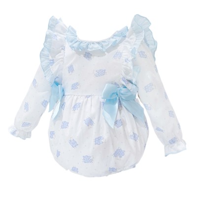 Baby Girl White Blue Sheep Print Frilly Shoulder Romper "MYD25234"