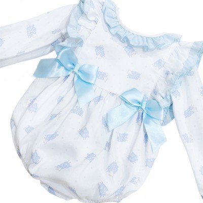 Baby Girl White Blue Sheep Print Frilly Shoulder Romper "MYD25234"