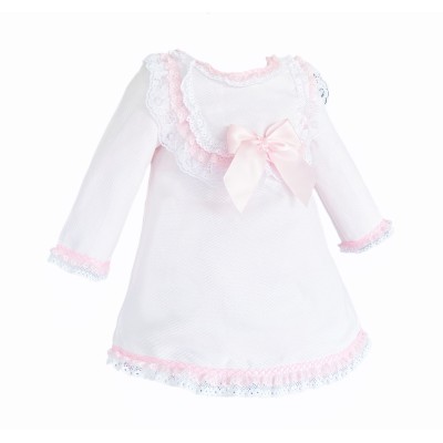 Baby Girl Pink Waffle Dress Satin Bow and Lace Details "2530"