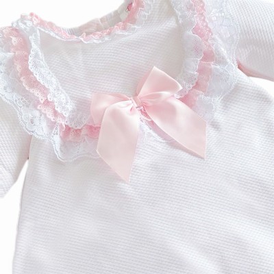 Baby Girl Pink Waffle Dress Satin Bow and Lace Details "2530"