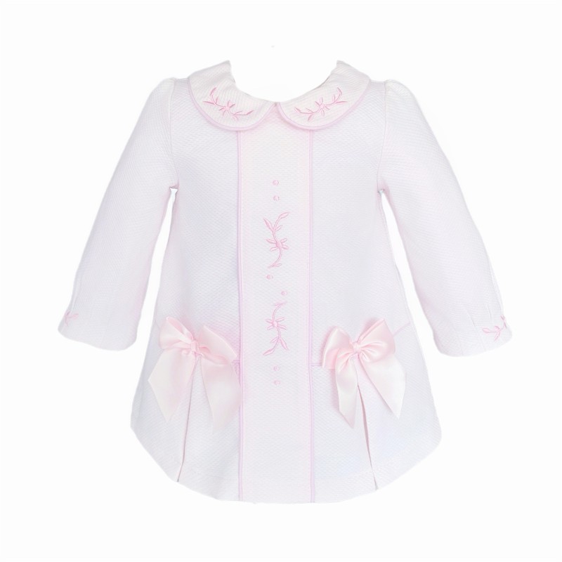 Baby Girl Pink Waffle Dress Embroidery and Satin Bows "2531"
