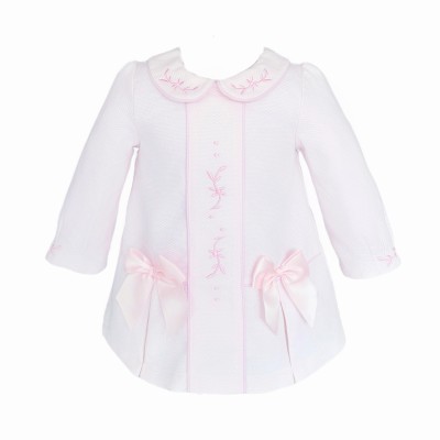 Baby Girl Pink Waffle Dress Embroidery and Satin Bows "2531"