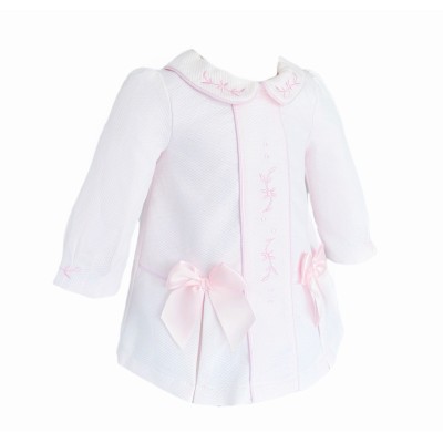 Baby Girl Pink Waffle Dress Embroidery and Satin Bows "2531"