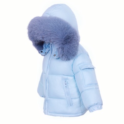 Baby Boy Blue Puffer Coat with Faux Fur Hood "MYD409B"