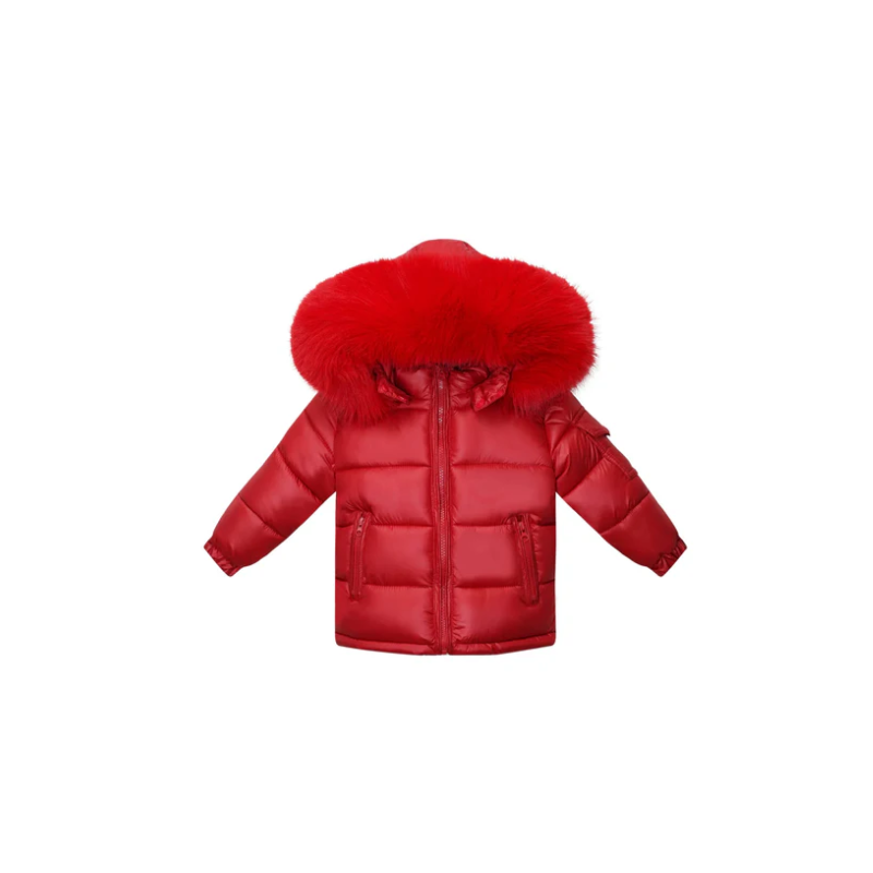 Baby Unisex Red Puffer Coat with Faux Fur Hood "MYD409R"