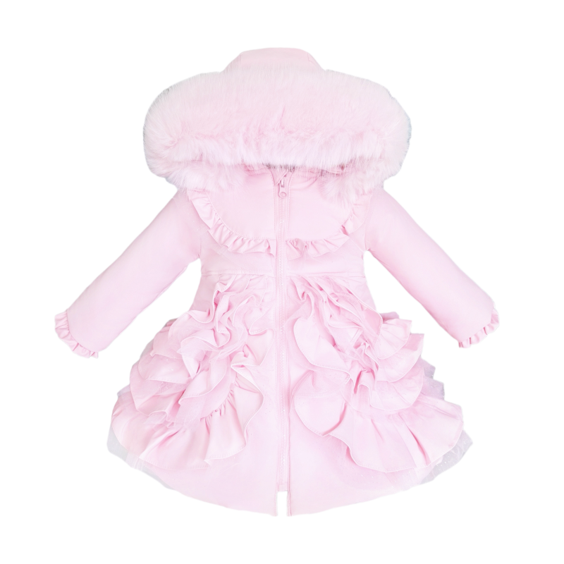 Baby Girl Pink Frilly Bottom Coat with Faux Fur Hood "MYD415 Pink"